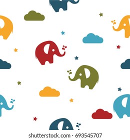 Nahtloses Muster mit bunten Elefanten, Wolken, Sternen auf weißem Hintergrund. Babymuster.