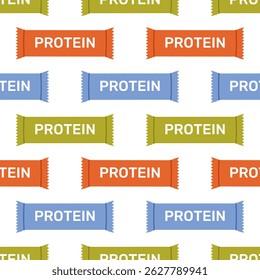 Seamless pattern with colorful energy protein bars on white background. Green, blue and orange fitness snacks. Sport supplement. Healthy nutrition. Vector flat illustration