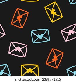 Seamless pattern with colorful envelopes and black background