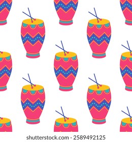 Seamless pattern with colorful ethnic conga drums on white background. Percussion musical instrument. Pink tumbadora. African culture. Vector flat illustration for wallpaper, textile, packaging