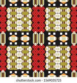Seamless pattern with a colorful ethnic print. Abstract geometric elements on a dark background. Vector illustration