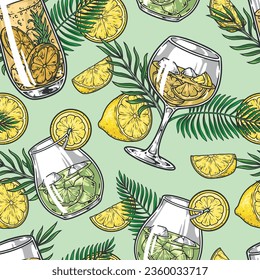 Seamless pattern colorful exotic cocktails with glasses filled with lemonades with alcohol and fresh fruit juice vector illustration