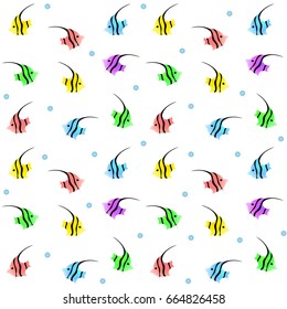 Seamless Pattern of Colorful Exotic Fishes with Blue Water Bubbles on White. Vector Illustration.