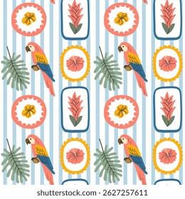 Seamless pattern with colorful exotic parrot, tropical flowers, and jungle leaves on striped background, ideal for summer textiles, kids products, and jungle-themed designs.