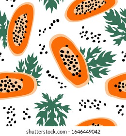 Seamless pattern with colorful exotic tropical fruit papaya, seeds, leaves. Hand drawn vector illustration, natural background repeat motif. Surface design for textile, fabric, wallpaper