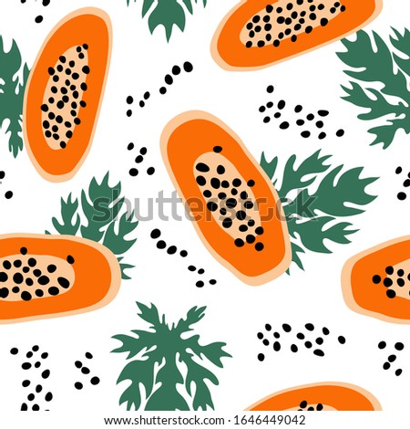 Seamless pattern with colorful exotic tropical fruit papaya, seeds, leaves. Hand drawn vector illustration, natural background repeat motif. Surface design for textile, fabric, wallpaper