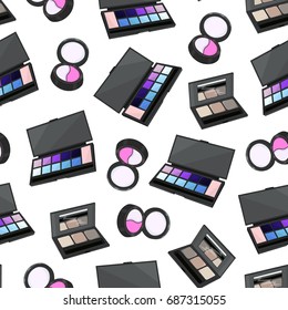 Seamless pattern of colorful eye shadow palette on a white background. Make up wallpaper. Hand drawing. Vector illustration.