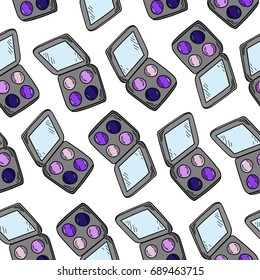 Seamless pattern of colorful eye shadow on a white background. Hand drawing. Vector illustration in cartoon style.