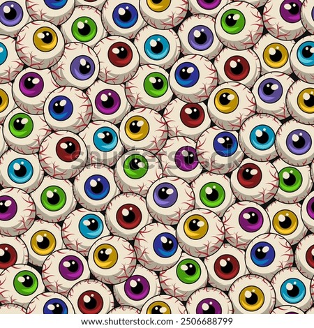 Seamless pattern with colorful eyeballs. Densely packed eyes. Creepy bizarre illustration for Halloween holiday.