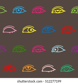 Seamless pattern of colorful eyeson the brown background. Vector illustration.