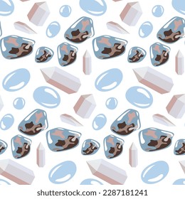 Seamless pattern with colorful fabulous gemstone crystals. Precious stones, crystals, diamonds. Vector background. Printing on textiles and paper cartoon drawings. Moonstone, rose quartzite, angelite
