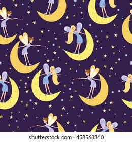 Seamless pattern with colorful fairy for kid. Children's  fairy background for girls. Girl pattern with cute fairy. 