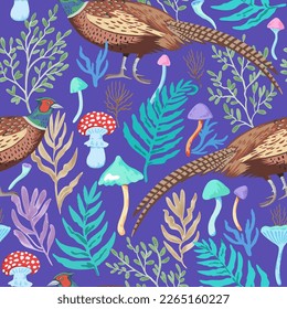 Seamless pattern with colorful fairy mushrooms and peasant birds. Vector hand-drawn illustration