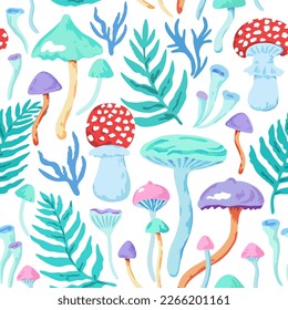 Seamless pattern with colorful fairy mushrooms. Vector hand-drawn illustration