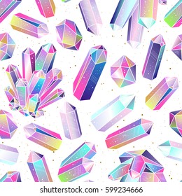 Seamless Pattern With Colorful Fairytale Crystals Gems. Rainbow Multicolored Gem Stones. Vector Background.