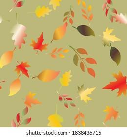 Seamless pattern with colorful fallen autumn leaves on green background. Elegant simple vintage style. Autumnal backdrop with colorful foliage. Vector illustration for textile, print, wrapping paper.