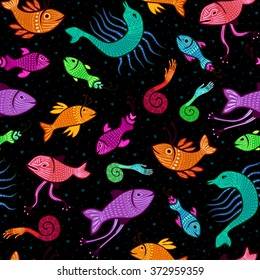 seamless pattern - colorful fantasy fish on black background