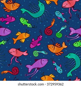 seamless pattern - colorful fantasy fish in deep waters