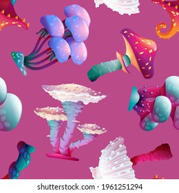 Seamless Pattern of Colorful Fantasy Magic Mushrooms and Mycelium, Vector Design on a Color Background. Fungus and Fabulous Alien Botany with Luminous Caps. For Game Design, Cartoon Background, Fabric