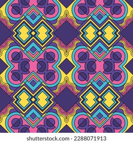 Seamless pattern with colorful fantasy ornament. The predominance of purple and yellow colors. Vector illustration