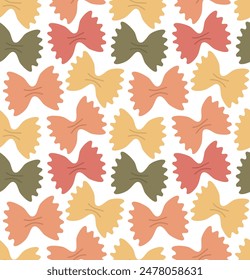 Seamless pattern with colorful farfalle pasta. Vector cartoon background in flat style.	