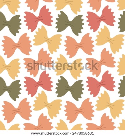 Seamless pattern with colorful farfalle pasta. Vector cartoon background in flat style.	