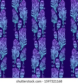 Seamless pattern with colorful feather and beads. Beautiful Abstract Rainbow Hand drawn striped pattern isolated on blue background. Magic fairytale theme. Vector illustration.