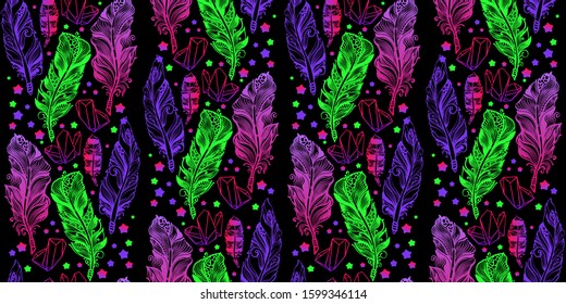 Seamless pattern with colorful feather, crystals and stars. Beautiful ethnic bright Hand drawn stroped pattern isolated on black background. Magic fairytale theme. Vector illustration.