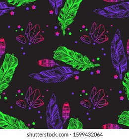 Seamless pattern with colorful feather, crystals and stars. Beautiful Abstract ethnic bright Hand drawn pattern isolated on black background. Magic fairytale theme. Vector illustration.