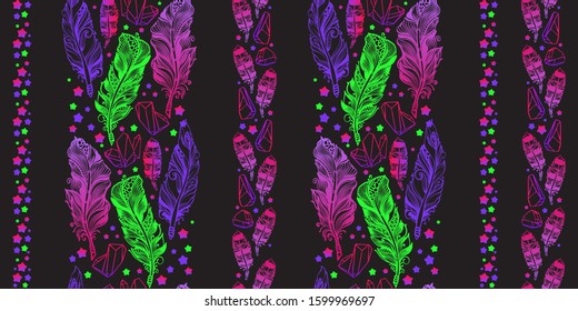 Seamless pattern with colorful feather, crystals and stars. Beautiful ethnic bright Hand drawn stroped pattern isolated on black background. Magic fairytale theme. Vector illustration.