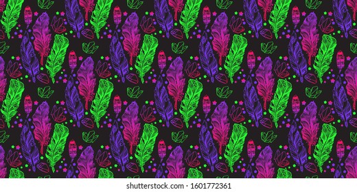 Seamless pattern with colorful feather, crystals and stars. Beautiful Abstract ethnic bright Hand drawn pattern isolated on black background. Magic fairytale theme. Vector illustration.