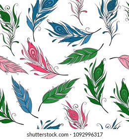 
Seamless pattern with colorful feathers.