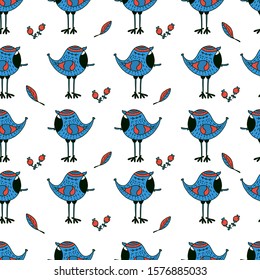 Seamless pattern with colorful feathers and birds on light background