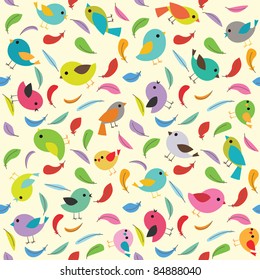 Seamless pattern with colorful feathers and birds on light background