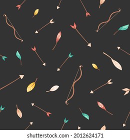 Seamless pattern with colorful feathers, bow and arrows on dark background. Contrast illustration for children indian parties, textile design projects. Bright elements.