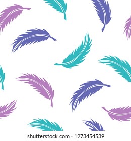 Seamless pattern with colorful feathers hand drawings on white background.  Vector illustration.