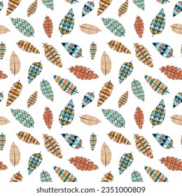 Seamless pattern, colorful feathers of Indians, African tribes, ancient wild tribes. Vector. Fashion design in boho style. For print, textile, fabric, clothing, wrapping paper, notebook cover.