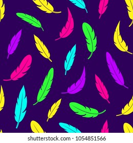 Seamless pattern with colorful feathers on dark purple background. Vector illustration