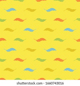 Seamless pattern with colorful feathers on a bright yellow background. Endlessly repeating texture for the design of wallpaper, linens, pillows, textile,  wrapping paper. Flat vector illustration.