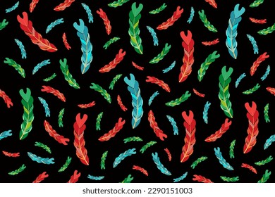 Patrón sin foco con plumas coloridas sobre fondo negro. Interminable adorno con Feather. Papel de escritorio y papel de cama impreso. Ilustración vectorial.