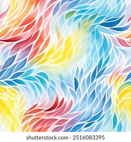 A seamless pattern of colorful feathers on a white background. Watercolor vector abstract multicolored mosaic