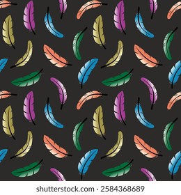 Seamless pattern with colorful feathers on black background. Vector illustration.