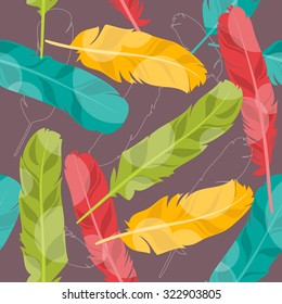 Seamless pattern with colorful feathers on a dark background