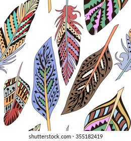 seamless pattern with colorful feathers on white background