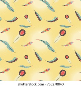 Seamless pattern of colorful feathers on yellow background vector illustration.