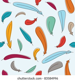 Seamless pattern with colorful feathers on light blue background