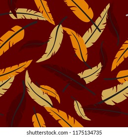 Seamless pattern with colorful feathers. Feathers seamless texture. Colorful feathers texture on brown background. Modern seamless pattern. 