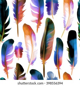 Seamless pattern with colorful feathers. Vector, EPS10.