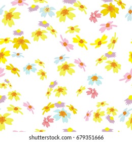 seamless pattern with colorful field flowers on a white background.  Delicate fashionable background for textiles, gift wrap, covers, print, and various designs. vector