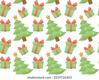 Patrón sin fisuras con abetos de colores y regalos de Navidad. Ideal para envolver papel, tarjetas de felicitación, telones de fondo y proyectos de diseño de temporada.